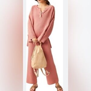 FREE PEOPLE Hailee Waffle Stitch Long Sleeve Top & Wide Leg Pants Knit Set NWOT